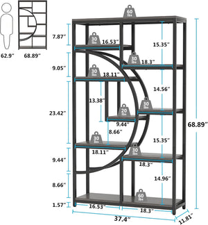 English Elm Geometric Nine Shelf Iron Frame Bookcase Rustic Industrial Freestanding Display Tower T3971P448087