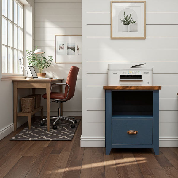 English Elm 22 inch 22 one-drawer file cabinet Blue Denim & Whiskey two-tone farmhouse style fully assembled, versatile storage B108131557