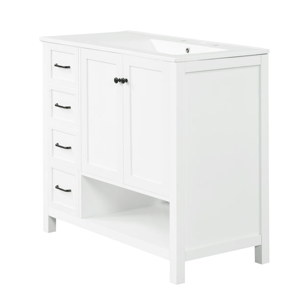 English Elm 36" Freestanding Bathroom Vanity Solid Wood Mdf Cabinet Ceramic Undermount Sink Open Shelf White N725P364203K
