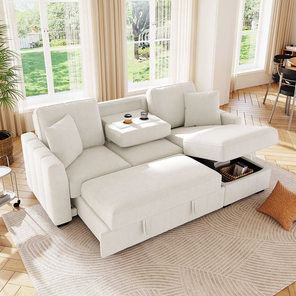 English Elm U_style Modular Sectional Sleeper Sofa with Storage Chaise and Cup Holders for Living Room Beige WY000467AAA