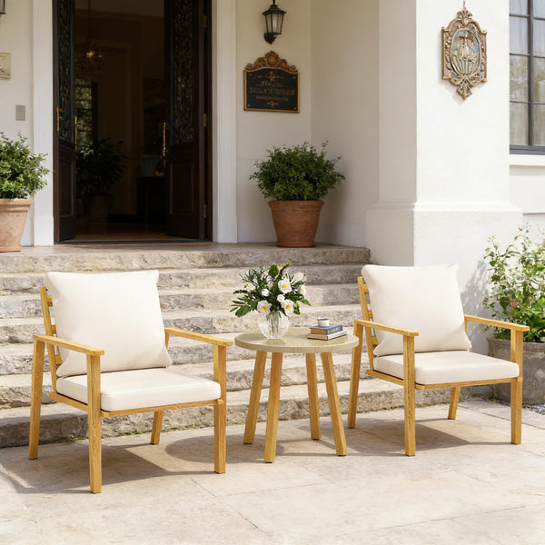 English Elm Nordic Scandinavian Bistro Set Wood Grain Steel Outdoor Patio 3 Piece with Cushions T3971P446032