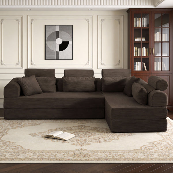 English Elm L Shaped Corduroy Sectional Sofa Converts to Sleeper Bed Space Saving Modular Couch Brown W5532S00007