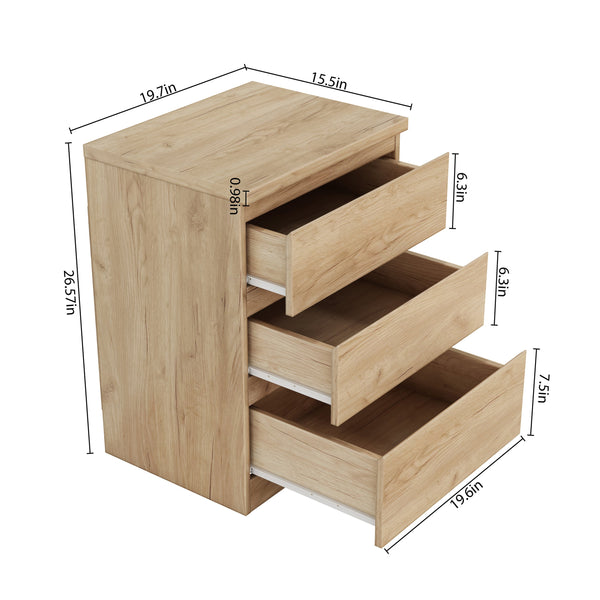 English Elm 19.7-inch Matte Finish 3 Drawer Nightstand Set of 2 Handle Free Modern Bedroom Storage Natural W3151S00077