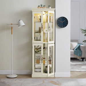 English Elm Lighted Glass Curio Display Cabinet with Quiet Hinge, Internal LED Lighting, Adjustable Shelves, Vintage Carved Handle Antique White W2275P199812