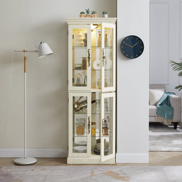English Elm Lighted Glass Curio Display Cabinet with Quiet Hinge, Internal LED Lighting, Adjustable Shelves, Vintage Carved Handle Antique White W2275P199812