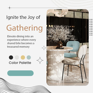 English Elm Modern 4-Person Dining Set with White Bamboo-MDF Table, Turquoise & Beige Fabric Chairs, Space-Saving Elegance TWSET2025-2