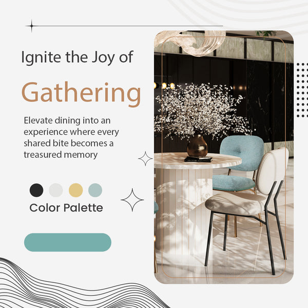 English Elm Modern 4-Person Dining Set with White Bamboo-MDF Table, Turquoise & Beige Fabric Chairs, Space-Saving Elegance TWSET2025-2