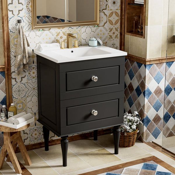 English Elm 24'' French-Style Bathroom Vanity with Ceramic Sink, Black Long Legs, 2 Drawers, Moisture-Resistant Elegance N710P195621B