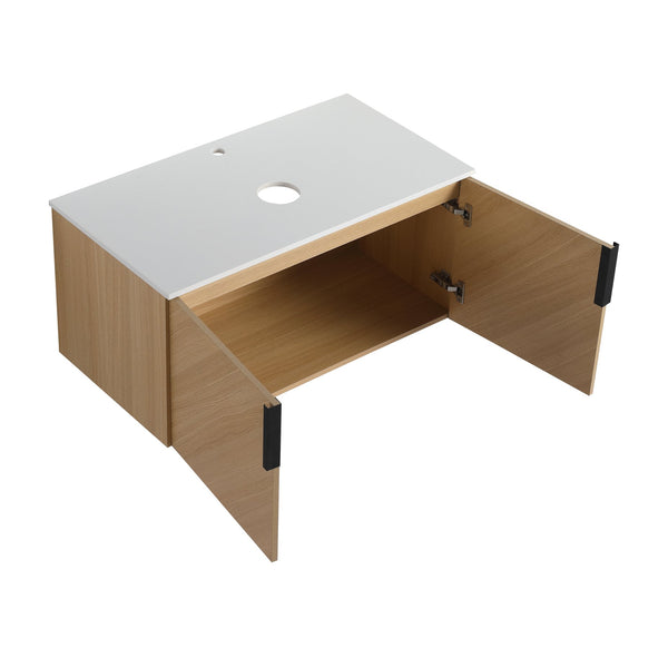English Elm 36" Wall Mounted Vanity with Artificial Stone Top, Soft-Close Doors, Oak Finish, Durable Plywood W999P373498