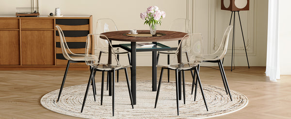 English Elm Table and Chair Set 42 Inch Round Wood Grain Dining with Six Transparent Plastic Seats W1151S04490
