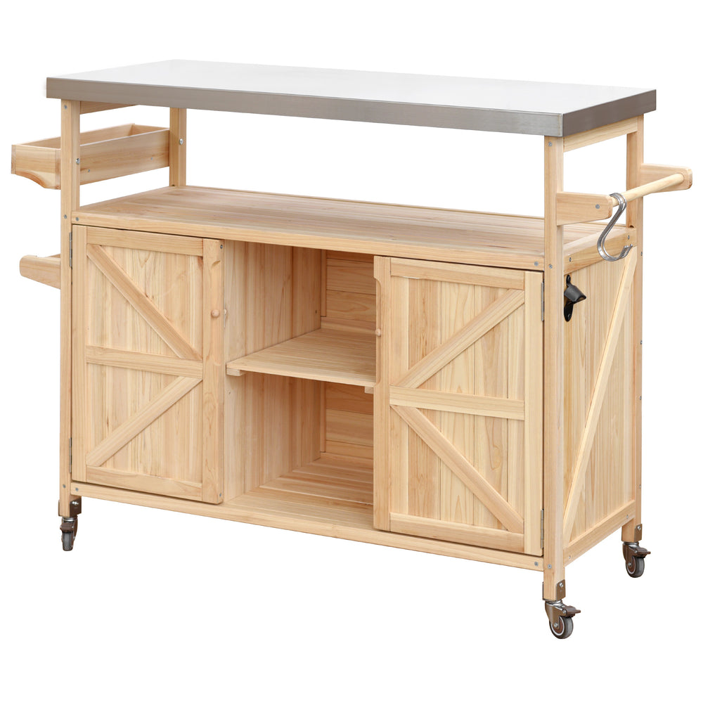 English Elm K&K Outdoor Kitchen Island Rolling Bar Cart with 1.2" Stainless Steel Top, Ample Storage, Wheels and Spice Rack Natural WF532198AAY