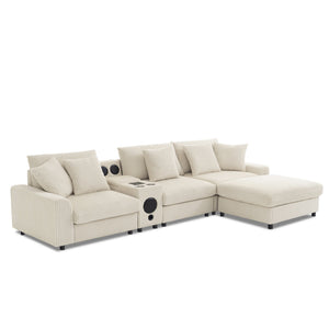 English Elm 114*64'' Corduroy Cloud Sectional with Bluetooth Speakers Usb Charging Ottoman Lounge Sofa N723S9756A
