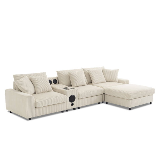 English Elm 114*64'' Corduroy Cloud Sectional with Bluetooth Speakers Usb Charging Ottoman Lounge Sofa N723S9756A