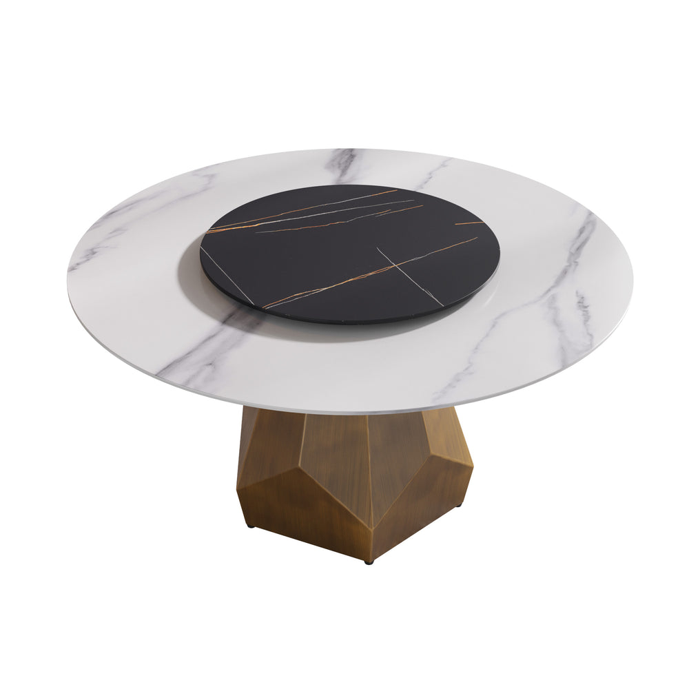 English Elm 59.05" Round Marble Dining Table With Metal Base, Seats 6-8, Stylish Black & White Finish, Turntable W1535S00373