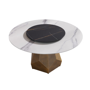 English Elm 59.05" Round Marble Dining Table With Metal Base, Seats 6-8, Stylish Black & White Finish, Turntable W1535S00373
