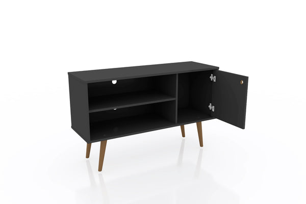 English Elm Liberty 43" TV Stand with Splayed Solid Wood Legs, Wire Management, Open Shelves & Concealed Storage Black B365P398334