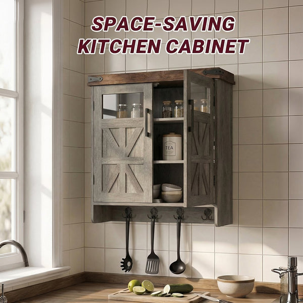 English Elm Bathroom Wall Cabinet Over Toilet with Adjustable Shelves and Built in Towel Hook Grey+Brown T5831P489009