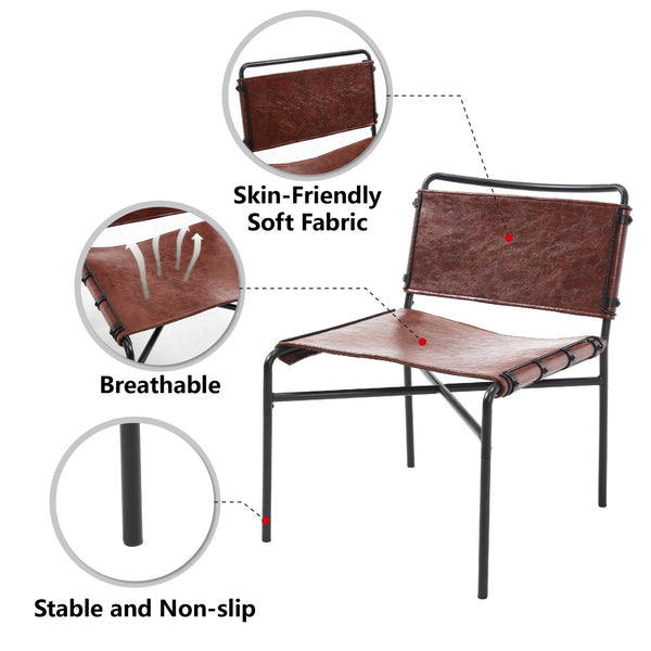 English Elm Retro Brown PU Leisure Chair Set of 2 – Faux Leather Armless Lounge Chairs with Black Metal Legs, Breathable Textured Design, Easy Assembly W3112P262798