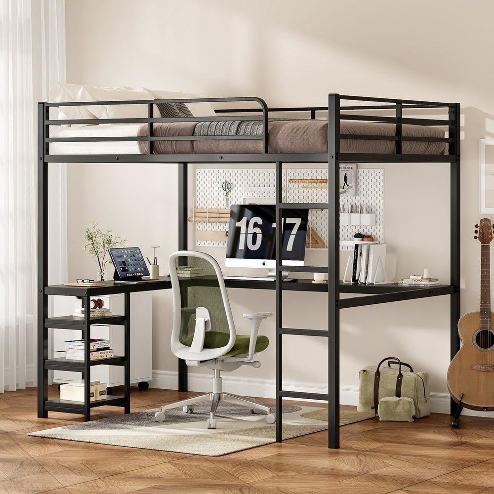 English Elm Full Full Size Loft Bed with Desk & Shelves, Heavy-Duty Metal Frame, Vintage Wood L-Desk, Black W2904S00001
