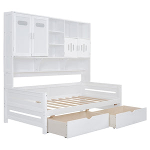 English Elm Twin Size Wooden Daybed With Storage Drawers, Cabinet & Shelf – Stylish Space-Saving Solution! N820S00015K-GIGA