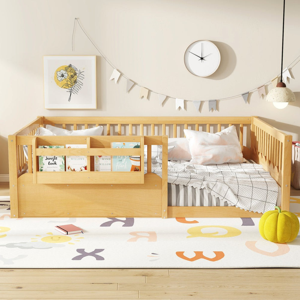 English Elm Twin Low Profile Kids Floor Bed Pine Wood Frame with Safety Rail and Built in Bookshelf Natural W1580P373141