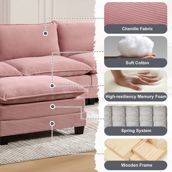 English Elm United We Win Modular Corduroy Sectional with Ottoman Low Profile Living Room Couch Pink W1568S00256