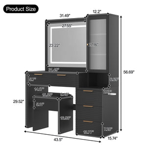 English Elm 43.5" Fluted Black Makeup Vanity with Lighted Mirror Charging Station and Storage Stool N704P340248B