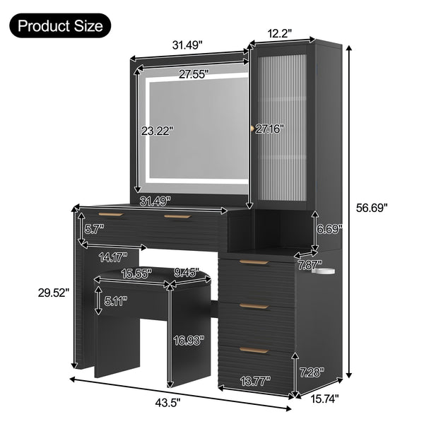 English Elm 43.5" Fluted Black Makeup Vanity with Lighted Mirror Charging Station and Storage Stool N704P340248B