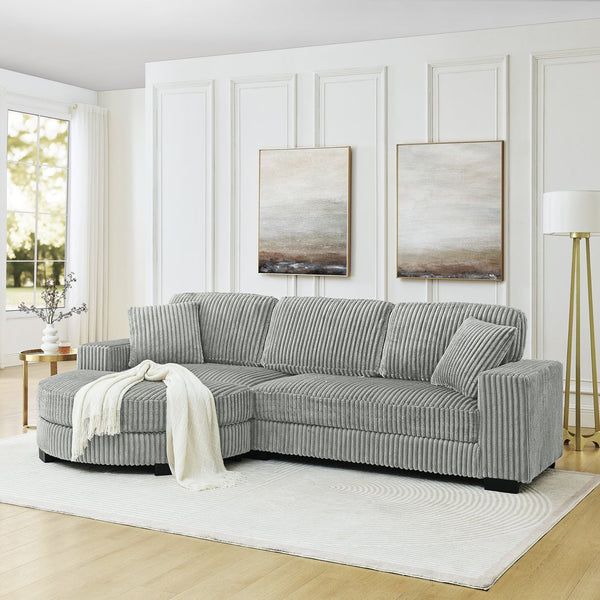 English Elm Corduroy L-Shaped Modular Sleeper Sectional Sofa With Versatile Footstool - Cozy Gray Comfort! W487S00344