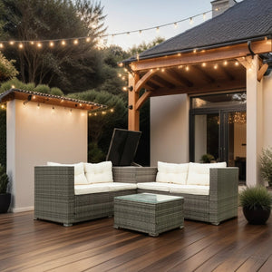 English Elm 4 Piece Patio Sectional Set - Modular Wicker Rattan Sofa With Soft Cushions & Convenient Storage Box W329S00033