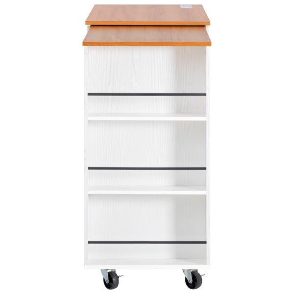 English Elm K&k Rolling Kitchen Island with Extendable Table Open Shelving and Built-in Power Outlet White N707P360278W