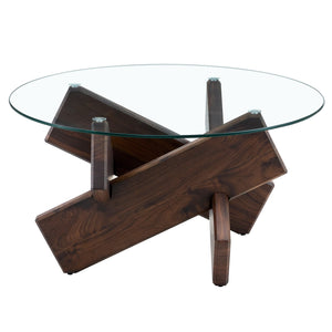 English Elm Round glass coffee table with tempered clear top, walnut MDF legs, adjustable anti-slip feet, modern centerpiece W1151P230572