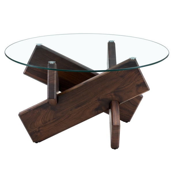 English Elm Round glass coffee table with tempered clear top, walnut MDF legs, adjustable anti-slip feet, modern centerpiece W1151P230572