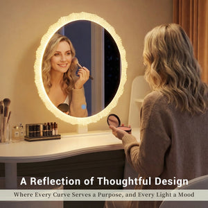 English Elm Modern Minimalist Vanity with Lighted Mirror Three Drawers and Cylindrical Side Cabinet W3767S00003