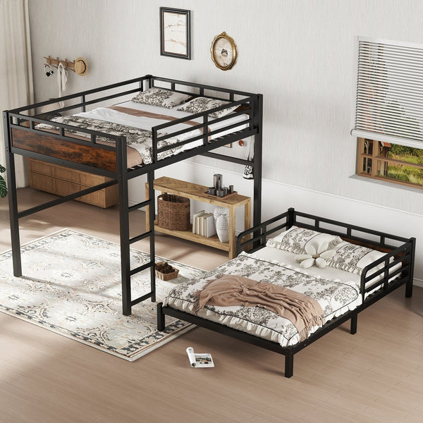 English Elm Full Metal Bunk Bed - Versatile Full-Over-Full Design With Vintage Wood Finish & Safety Fence W1580S00226