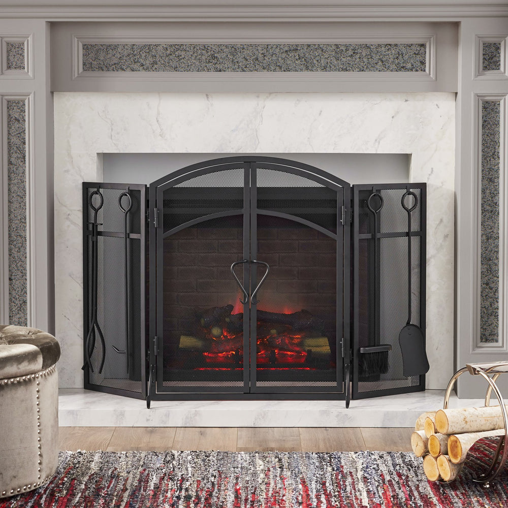 English Elm Christopher Knight Home® - FOLDING Iron Fireplace Screen with Doors & 4-Piece Tool Set, Matte Black Camelback Frame, 50.5" wide 67301.00