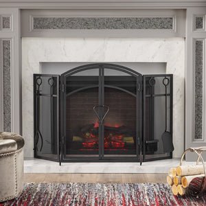 Christopher Knight Home® - Noble House - Brightwell Modern Iron Folding Fireplace Screen with Door and Tools, Matte Black