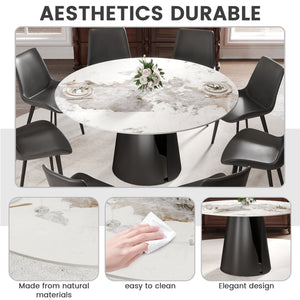 English Elm 59.05"Modern Round Dining Table With Durable Sintered Stone Top & Black Steel Base For 6-8 People W1535S00442