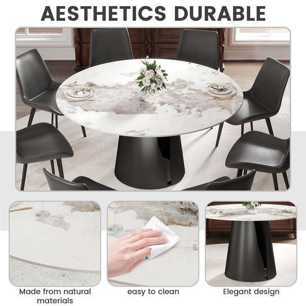 English Elm 59.05"Modern Round Dining Table With Durable Sintered Stone Top & Black Steel Base For 6-8 People W1535S00442