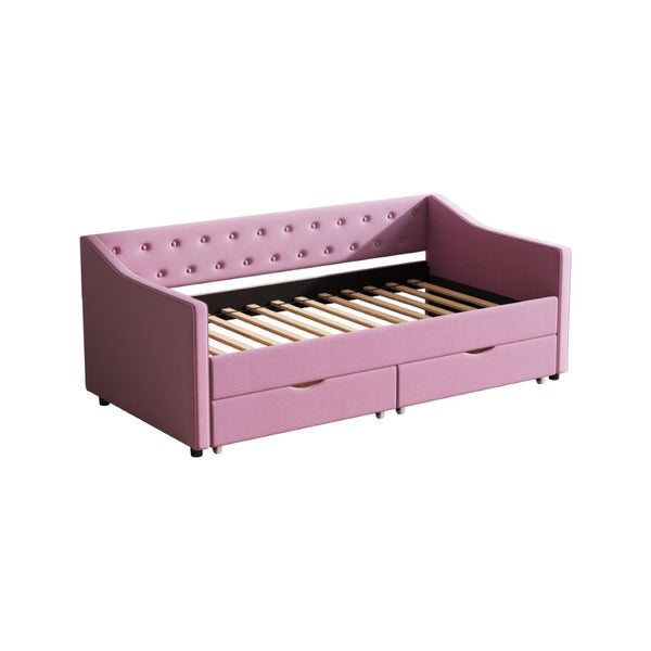 English Elm Twin Size Upholstered Daybed With Storage Drawers, Button-Tufted Pink Sofa Bed For Stylish Comfort W2336S00032-GIGA