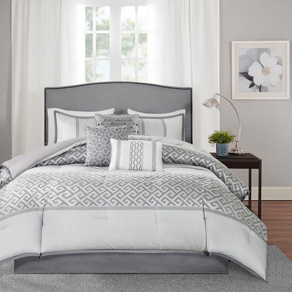 English Elm 7 Piece Jacquard Comforter Set In Elegant Grey For King Beds – Stylish, Textured & Machine Washable B03596856