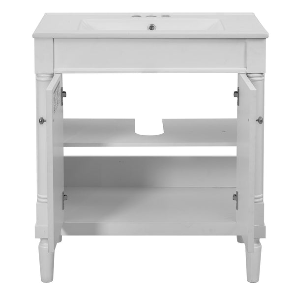 English Elm 30" French Style Bathroom Vanity with Ceramic Basin Soft Close Doors Wood Legs White N710P415327K