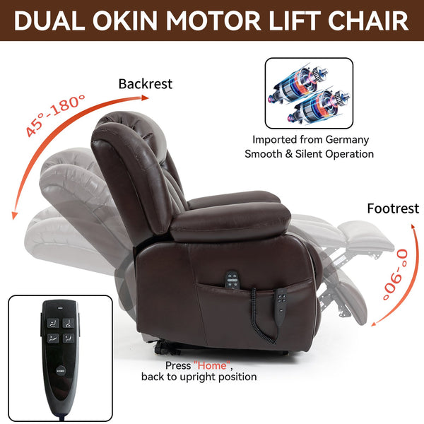 English Elm Dual Motor Power Lift Recliner with Massage Heat and 180 Degree Brown Lounge Chair W1803S00042