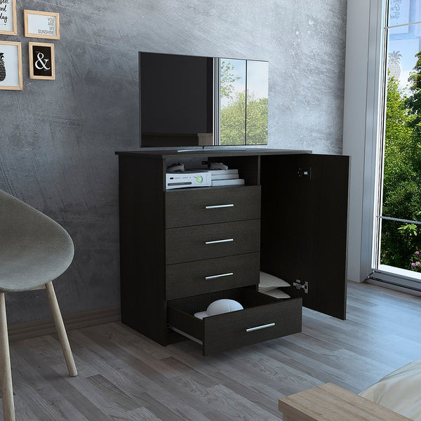 English Elm Carolina Four-Drawer Dresser with Single Door, Spacious Chest, Chrome Pulls, TV Top & Display Shelf B128S00039