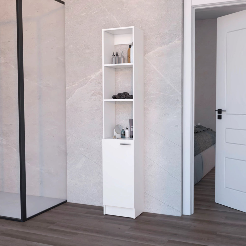 English Elm White Linen Cabinet Tall 5-Shelf Bathroom Storage with Hidden & Open Shelves, Modern Elegant Design B062P193661