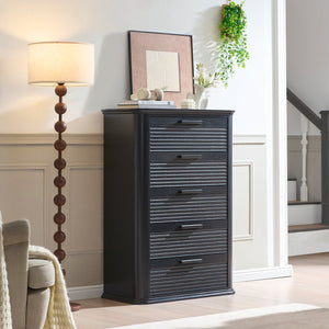 English Elm 6 Drawer Tall Fluted Chest with Waveform Fronts Slim Wooden Storage for Modern Bedroom Black Woodgrain T5326P425091