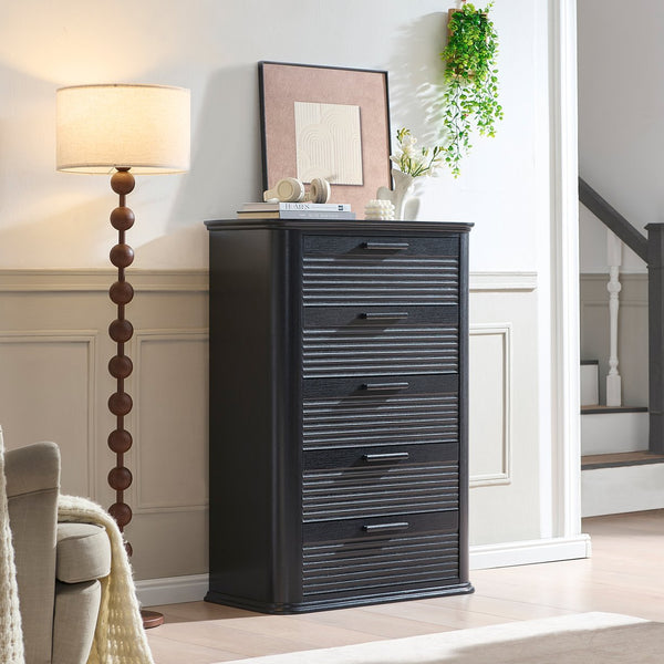 English Elm 6 Drawer Tall Fluted Chest with Waveform Fronts Slim Wooden Storage for Modern Bedroom Black Woodgrain T5326P425091