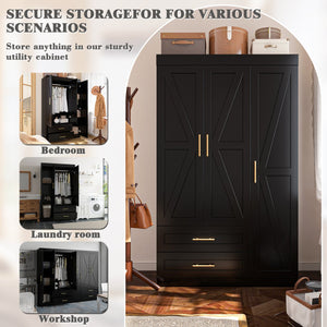 English Elm Shaker Three Door Wardrobe Armoire with Hanging Rod and Shelves for Bedroom Black T3210S00006