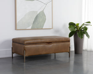 Sunpan Kael Storage Bench – Modern Faux Leather Bench with Antique Brass Legs and Unique Wooden Texture