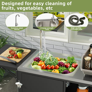 English Elm Outdoor Stainless Steel Grill Cart with Sink Foldable Top and Lockable Wheels W3190P426842